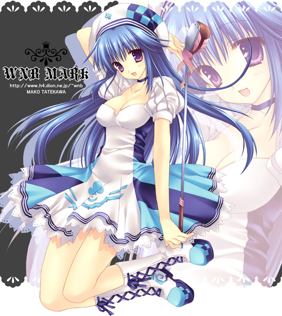 arin blue_hair boots breasts choker cleavage collarbone cross-laced_footwear full_body golf_club hat knee_boots lace-up_boots large_breasts long_hair looking_at_viewer pangya purple_eyes skirt smile solo watermark web_address white_footwear wnb_mark zoom_layer