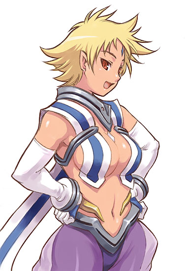 blonde_hair breasts cleavage cowboy_shot elbow_gloves gloves hands_on_hips large_breasts maruto! maya_bryce my-otome navel open_mouth pointy_ears short_hair simple_background solo white_background