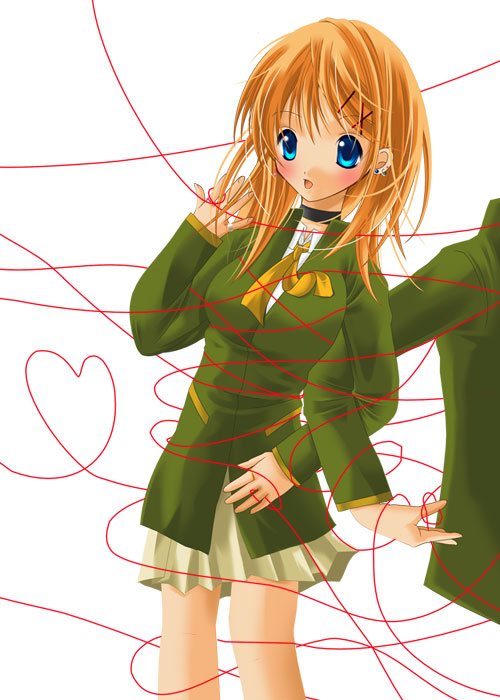 artist_request blue_eyes copyright_request heart heart_of_string long_sleeves red_string school_uniform skirt solo_focus string