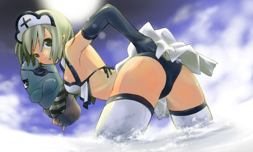ass bent_over bikini black_gloves copyright_request elbow_gloves eyepatch fingerless_gloves from_behind gloves haku_(sabosoda) hand_on_hip headdress looking_back necktie pirate pointy_ears short_hair sky solo swimsuit thighhighs water