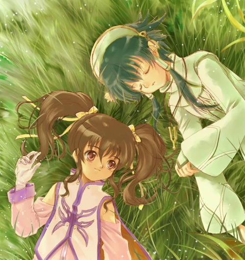 1girl anise_tatlin brown_hair grass hair_tubes ion long_sleeves lying nature outdoors short_hair_with_long_locks sidelocks tales_of_(series) tales_of_the_abyss twintails