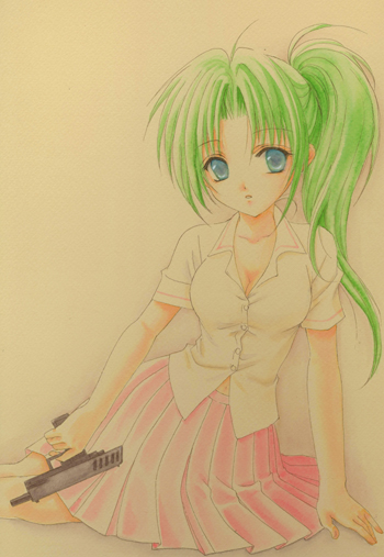 green_hair gun handgun higurashi_no_naku_koro_ni houjou_yutori locked_slide pistol solo sonozaki_mion weapon