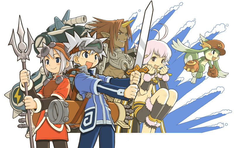 2girls blue_eyes cleru hair_through_headwear horns kutty long_sleeves multiple_boys multiple_girls ootsuka_shin'ichirou pantyhose pink_hair pointy_ears pratty rasho red_hair sugarette summon_night summon_night_swordcraft_story sword weapon zantek