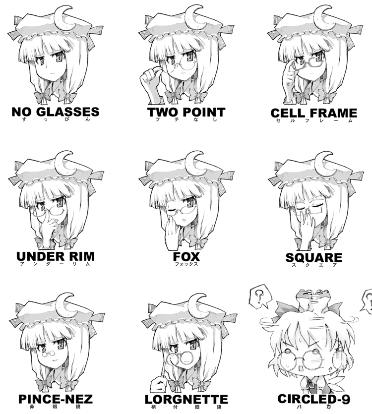 2girls bespectacled chart cirno diagram frog glasses greyscale monochrome multiple_girls ooide_chousuke patchouli_knowledge source_request touhou
