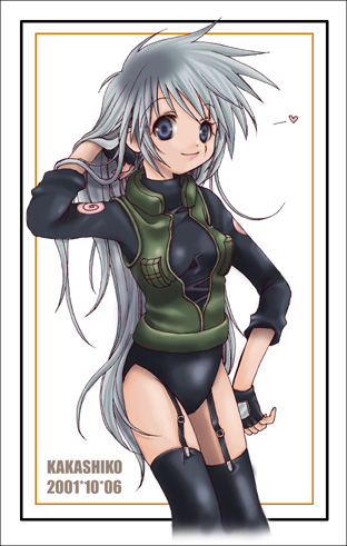 alternate_eye_color artist_request character_name dated fingerless_gloves flak_jacket garter_straps genderswap genderswap_(mtf) gloves grey_eyes grey_hair hand_in_hair hand_on_hip hand_up hatake_kakashi long_hair long_sleeves looking_at_viewer lowres naruto naruto_(series) ninja no_mask outside_border simple_background solo thighhighs very_long_hair white_background