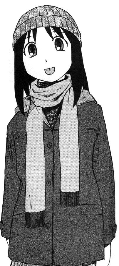 azuma_kiyohiko azumanga_daiou beanie coat greyscale hat kasuga_ayumu long_sleeves monochrome scarf solo tongue white_background