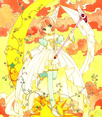 90s brown_hair cardcaptor_sakura clamp collar dress fuuin_no_tsue hat kinomoto_sakura long_sleeves lowres magical_girl marker_(medium) official_art short_hair solo thighhighs traditional_media wand