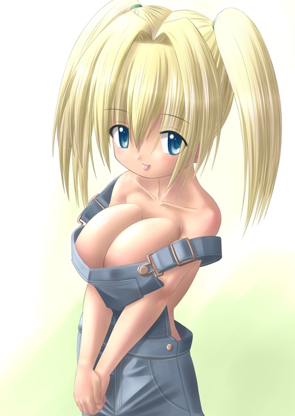 artist_request blonde_hair blue_eyes breasts cleavage copyright_request huge_breasts overalls solo strap_slip tongue twintails