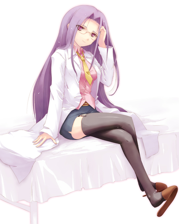 belt crossed_legs dasoku_sentarou fate/stay_night fate_(series) garter_straps glasses labcoat long_hair long_sleeves miniskirt necktie pencil_skirt pink_eyes purple_hair rider shirt sitting skirt slippers smile solo thighhighs very_long_hair zettai_ryouiki