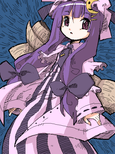 crescent hat long_hair long_sleeves mizumi_(artist) patchouli_knowledge purple_hair solo touhou