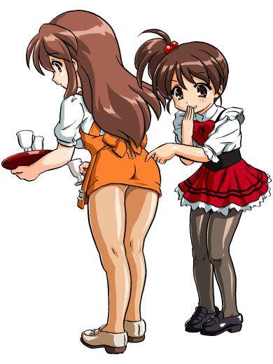 anna_miller asahina_mikuru bandabekken black_legwear bronze_parrot kyon_no_imouto multiple_girls orange_skirt pantyhose ponytail red_skirt sheer_legwear side_ponytail skirt suzumiya_haruhi_no_yuuutsu waitress white_background