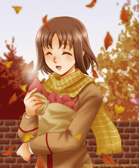 autumn brown_hair food gokujou_seitokai katsura_seina leaf long_sleeves scarf sinko solo sweet_potato