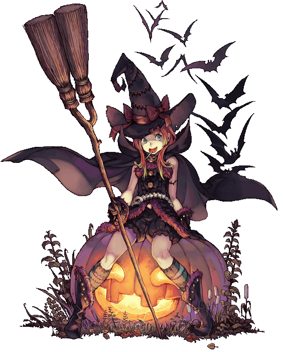 bat belt bloomers blue_eyes broom cape copyright_request full_body haccan halloween hat jack-o'-lantern pumpkin red_hair solo transparent_background underwear witch witch_hat