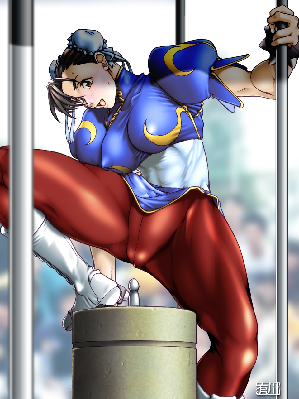 arikawa breasts cameltoe china_dress chinese_clothes chun-li covered_nipples crotch_seam dress highres large_breasts muscle pantyhose pelvic_curtain sash solo street_fighter