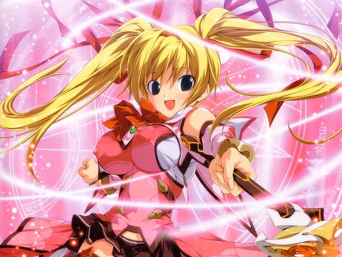 artist_request blonde_hair blue_eyes breasts character_request copyright_request covered_nipples hair_ribbon large_breasts long_hair magi-cu magic magical_girl ribbon skirt smile solo twintails wand
