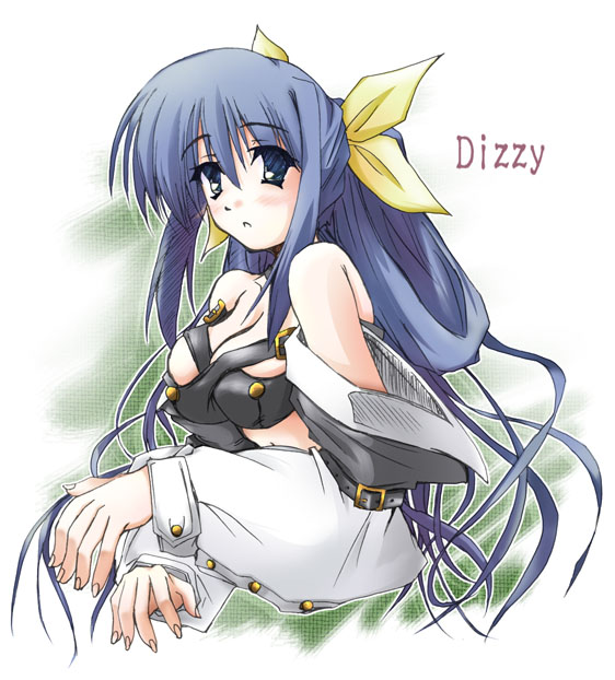 blue_eyes blue_hair blush bow breasts character_name cleavage detached_sleeves dizzy expressionless guilty_gear hair_bow hair_ribbon long_hair long_sleeves looking_at_viewer medium_breasts nt50 revealing_clothes ribbon simple_background solo upper_body white_background yellow_ribbon