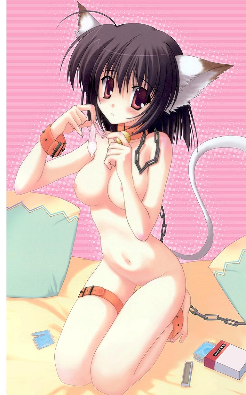 animal_ears barefoot bed breasts cat_ears chain collar condom condom_wrapper copyright_request cum game_cg highres jpeg_artifacts medium_breasts nanao_naru nude pussy solo source_request used_condom