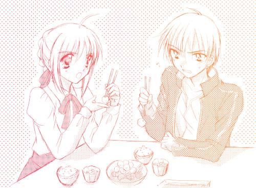 1girl artist_request artoria_pendragon_(all) couple fate/stay_night fate_(series) food gilgamesh gradient hetero long_sleeves lowres monochrome orange_(color) pink saber
