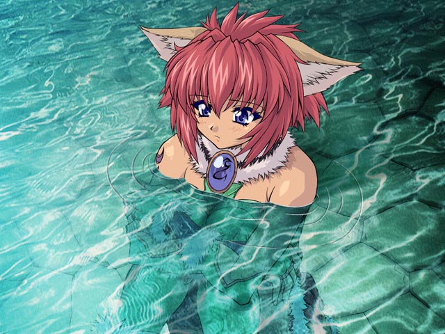 animal_ears bare_shoulders blue_eyes brave_soul breast_hold breasts cat_ears fur game_cg knees_to_chest leg_hug marin_(brave_soul) mogudan outdoors red_hair short_hair sitting solo water wet