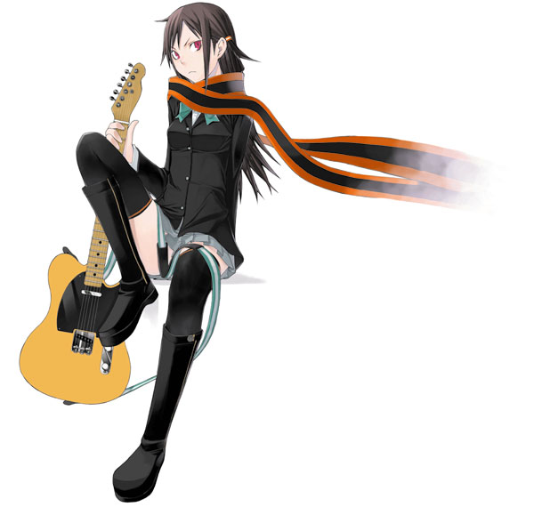 blazer boots electric_guitar guitar instrument jacket long_sleeves scarf school_uniform solo telecaster thighhighs yarizakura_hime yasuda_suzuhito yozakura_quartet