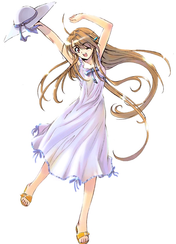 ahoge arms_up artist_request brown_hair copyright_request dress full_body hair_ornament hairclip hat long_hair one_eye_closed sandals simple_background solo sundress white_background white_dress