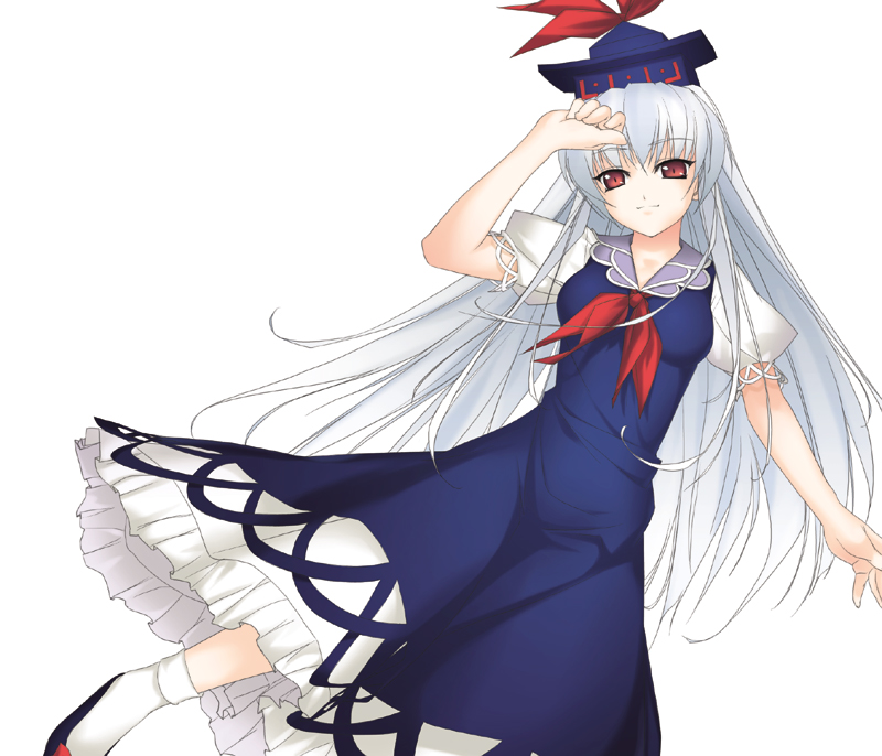 blue_hair dress hands hat kamishirasawa_keine long_hair red_eyes rokuwata_tomoe silver_hair simple_background smile solo touhou