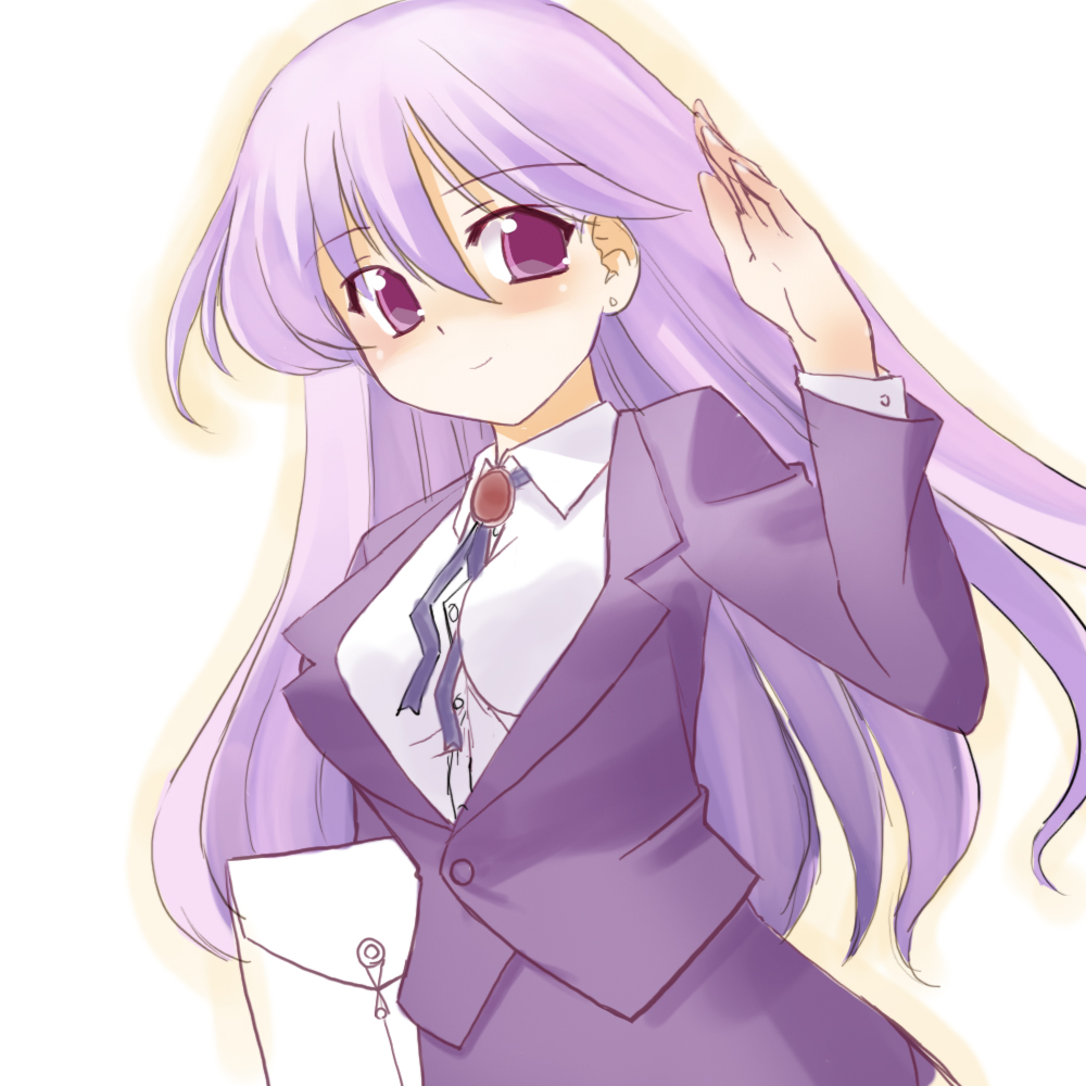 artist_request copyright_request formal jacket long_hair long_sleeves office_lady pencil_skirt purple_eyes purple_hair skirt skirt_suit solo suit waving