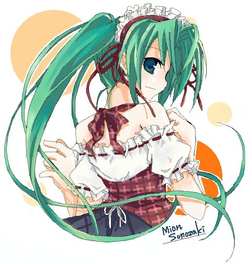 artist_request blue_eyes character_name from_behind green_hair hand_on_own_chest higurashi_no_naku_koro_ni looking_at_viewer looking_back off-shoulder_shirt ribbon-trimmed_sleeves ribbon_trim shirt short_sleeves skirt solo sonozaki_mion twintails upper_body waitress