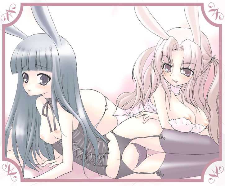 animal_ears bunny_ears bustier choker copyright_request garter_belt lingerie mika_mikan multiple_girls panties thighhighs underwear