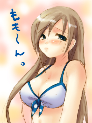 bikini blush breasts brown_hair cleavage kunai_uri large_breasts long_hair lowres solo swimsuit tales_of_(series) tales_of_the_abyss tear_grants upper_body white_bikini