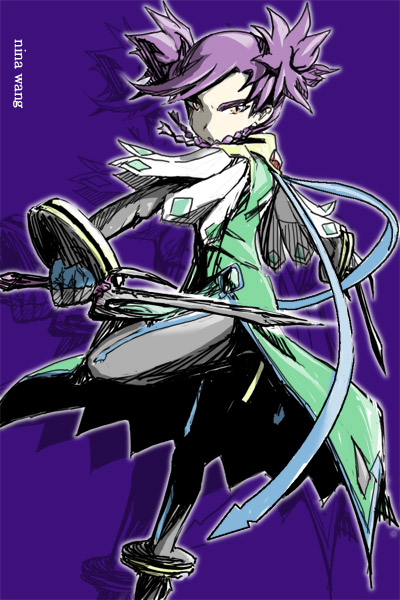 :&lt; artist_request braid closed_mouth coat expressionless fighting_stance green_coat half-closed_eyes holding holding_sword holding_weapon leg_up looking_at_viewer my-otome nina_wang open_clothes open_coat orange_eyes purple_background shade short_sleeves simple_background solo standing standing_on_one_leg sword twin_braids weapon zoom_layer