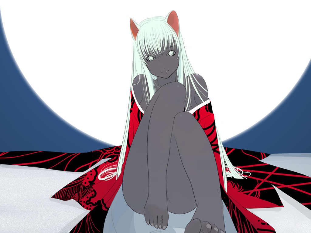 animal_ears cat_ears copyright_request grey_skin japanese_clothes kiriman_(souldeep) solo