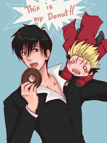 artist_request black_hair blonde_hair blush chibi doughnut english food jewelry male_focus multiple_boys nicholas_d_wolfwood o_o open_mouth short_hair simple_background single_earring source_request sweat trigun upper_body vash_the_stampede