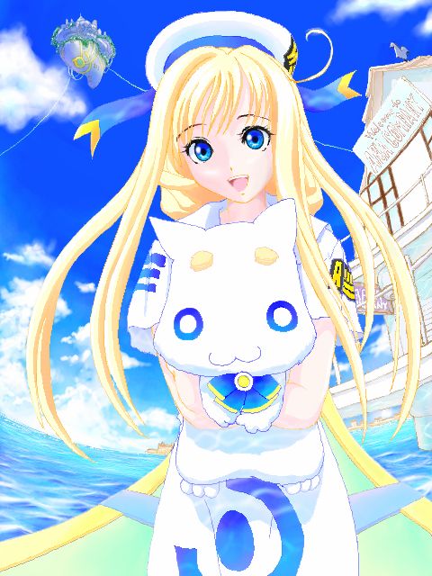 alicia_florence animal aria aria_pokoteng blonde_hair blue_eyes bow cat holding holding_cat long_hair ralawan ribbon smile solo uniform