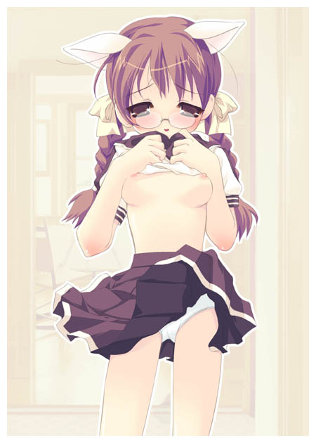 animal_ears braid breasts cat_ears copyright_request glasses m_ecchi_kei school_uniform small_breasts solo twin_braids