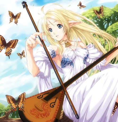 balalaika_(instrument) blonde_hair blue_eyes bow_(instrument) bug butterfly copyright_request dress eiwa elf insect instrument jewelry long_hair nail_polish necklace pink_nails pointy_ears ring smile solo