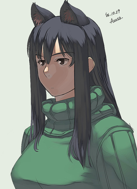 animal_ears azusa_(hws) black_hair brown_eyes cat_ears closed_mouth expressionless green_shirt long_hair original shirt simple_background solo sweater turtleneck