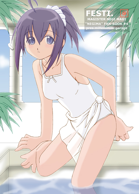 ahoge arm_support casual_one-piece_swimsuit column leg_up mahou_sensei_negima! miyazaki_nodoka one-piece_swimsuit pillar ponytail pool poolside sarong sitting soaking_feet solo swimsuit translucent_sarong water white_sarong