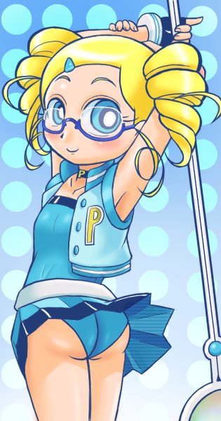 armpits artist_request ass blonde_hair blue_eyes glasses goutokuji_miyako powerpuff_girls_z rolling_bubbles short_hair solo upskirt