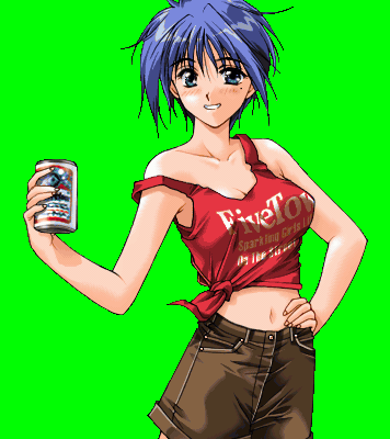 90s bangs bare_shoulders blue_eyes blue_hair blush breasts can cleavage clothes_writing collarbone cowboy_shot drink english green_background hand_on_hip holding holding_can large_breasts looking_at_viewer lowres midriff minase_aoi mitsumi_misato mole mole_under_eye navel no_bra pia_carrot_(series) pia_carrot_e_youkoso!!_2 shirt short_hair shorts solo standing strap_slip tachi-e tied_shirt