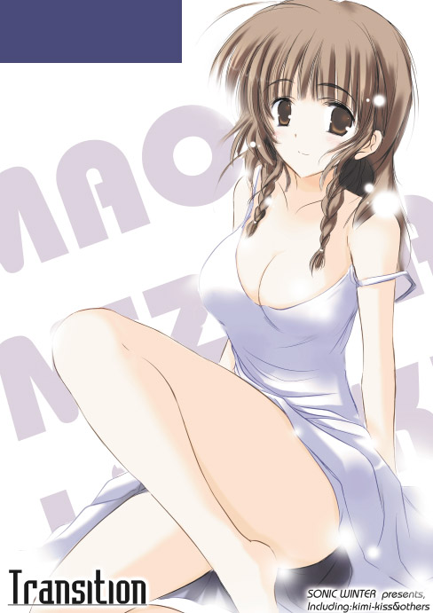 bangs bare_legs bare_shoulders blunt_bangs braid breasts cleavage comic eyebrows eyebrows_visible_through_hair hair_over_shoulder kimi_kiss knee_up looking_at_viewer medium_breasts mizusawa_mao off_shoulder simple_background solo strap_slip tsukishima_kai twin_braids twintails white_background