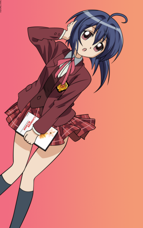 ahoge blue_hair long_sleeves mahora_academy_middle_school_uniform mahou_sensei_negima! miyazaki_nodoka negativezero plaid plaid_skirt school_uniform short_hair skirt solo