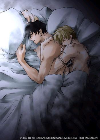 artist_request bare_shoulders black_hair blanket blonde_hair closed_eyes from_above hug hug_from_behind lowres lying male_focus multiple_boys muscle nicholas_d_wolfwood on_bed on_side pillow pillow_hug profile sleeping spooning tattoo trigun under_covers upper_body vash_the_stampede yaoi