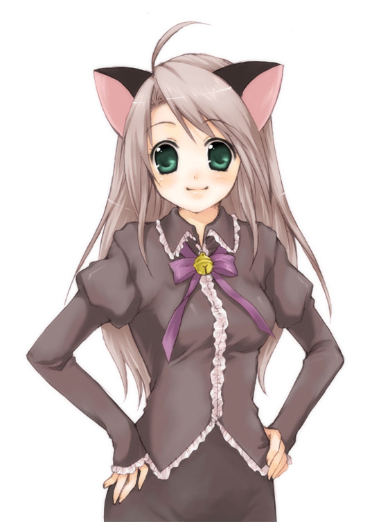 ahoge animal_ears bell cat_ears green_eyes grey_hair hands_on_hips jingle_bell juliet_sleeves long_hair long_sleeves looking_at_viewer original puffy_sleeves ribbon simple_background smile solo usashiro_mani white_background