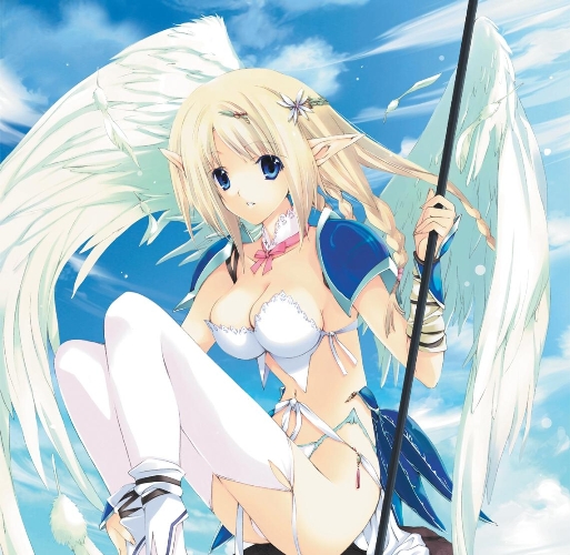 angel armor bikini blonde_hair copyright_request day duplicate elf iizuki_tasuku pointy_ears ribbon solo swimsuit thighhighs white_legwear wings