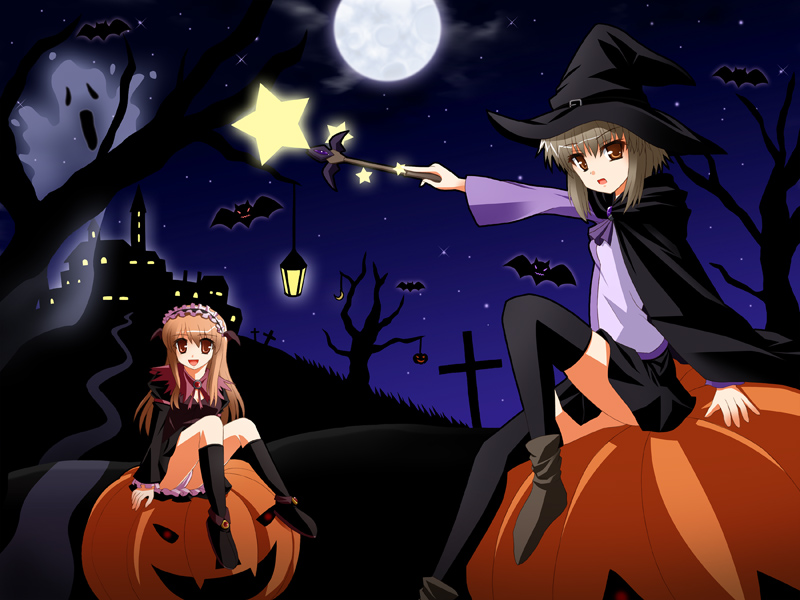 asahina_mikuru cape halloween hat jack-o'-lantern long_sleeves multiple_girls nagato_yuki pumpkin shonyou suzumiya_haruhi_no_yuuutsu thighhighs witch_hat