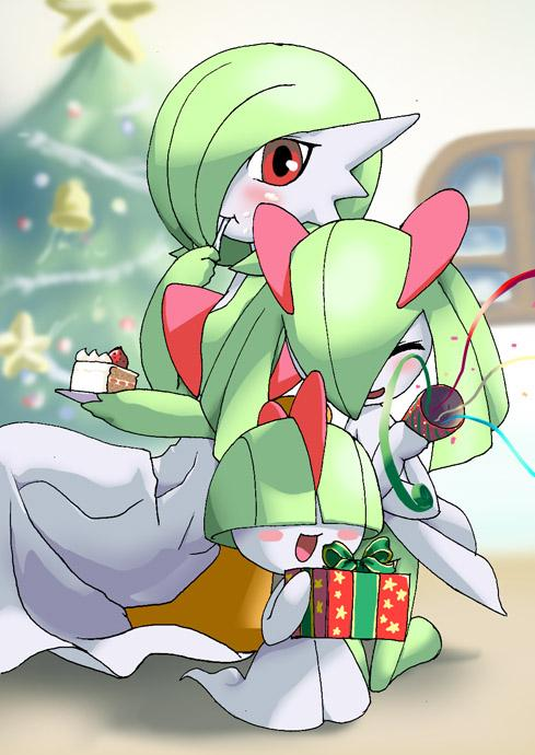 bell blurry blush cake christmas christmas_ornaments christmas_tree closed_eyes depth_of_field eating food fruit gardevoir gen_3_pokemon gift jpeg_artifacts kirlia no_humans open_mouth party_popper plate pokemon pokemon_(creature) ralts red_eyes ribbon slice_of_cake source_request star strawberry strawberry_shortcake