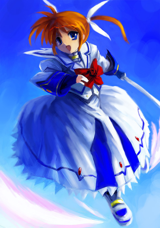bow fingerless_gloves gloves left-handed long_sleeves lyrical_nanoha magical_girl mahou_shoujo_lyrical_nanoha mahou_shoujo_lyrical_nanoha_a's oisin purple_eyes raising_heart red_bow red_hair shoes solo takamachi_nanoha twintails winged_shoes wings