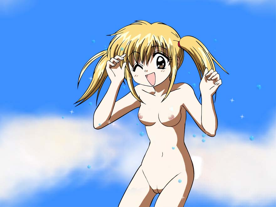 artist_request blonde_hair breasts brown_eyes day minami_kaede nipples nude one_eye_closed sky small_breasts solo twintails wagamama_fairy_mirumo_de_pon!