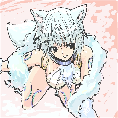 .hack//tasogare_no_udewa_densetsu 1girl animal_ears artist_request bent_over breasts collar earrings hoop_earrings jewelry large_breasts lowres oekaki ouka_(.hack//) silver_hair smile solo tail tattoo wolf_ears